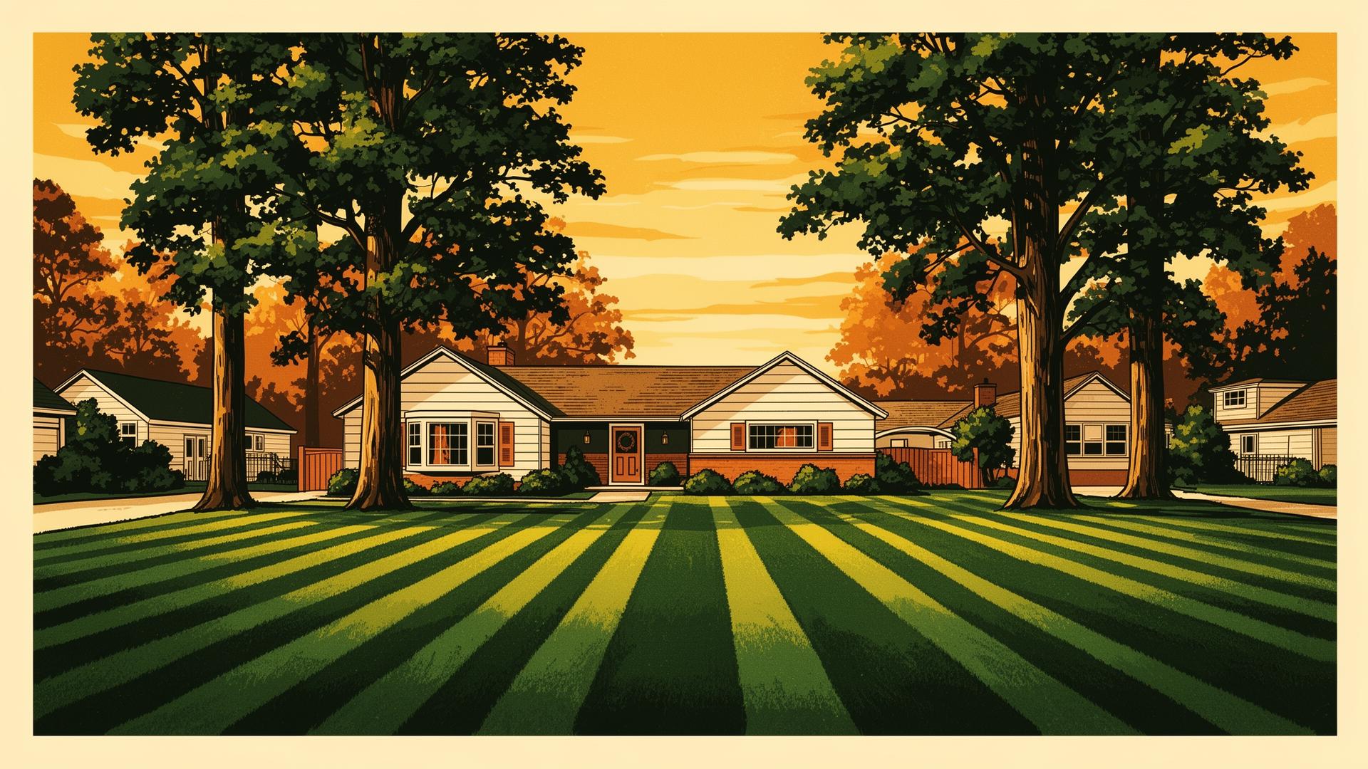 Freshly mowed lawn with diagonal stripes in front of a Winnipeg bungalow