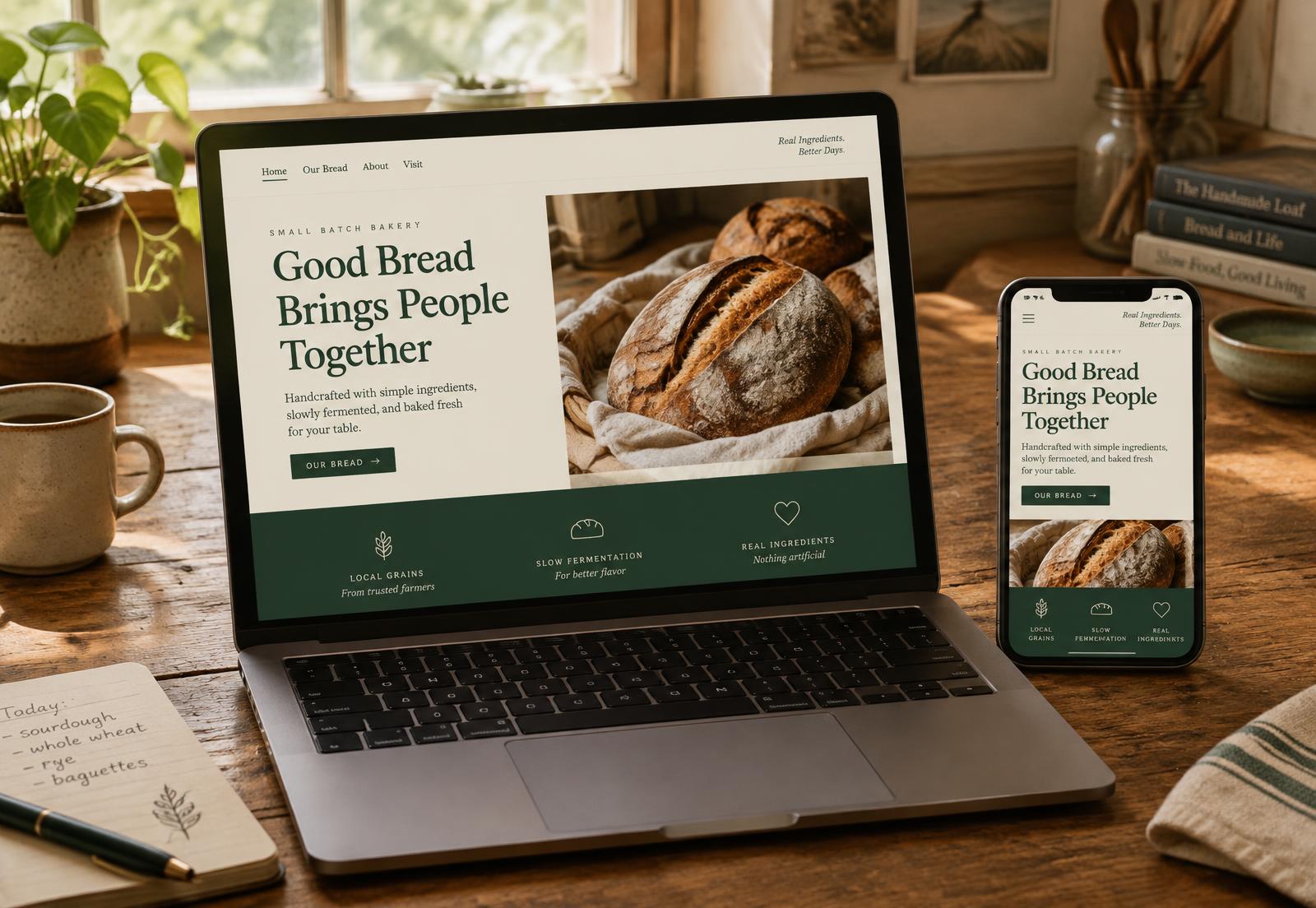 A clean small-business website shown on a laptop and a phone